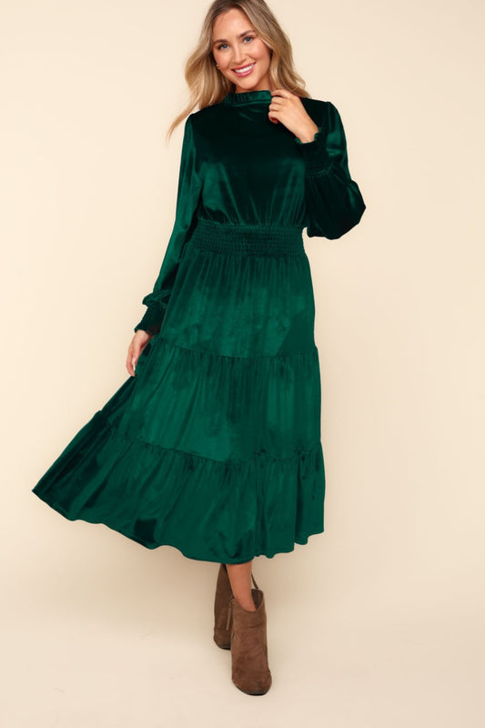 Haptics Mock Neck Smocked Waist Velvet Tiered Dress - Classique Collection