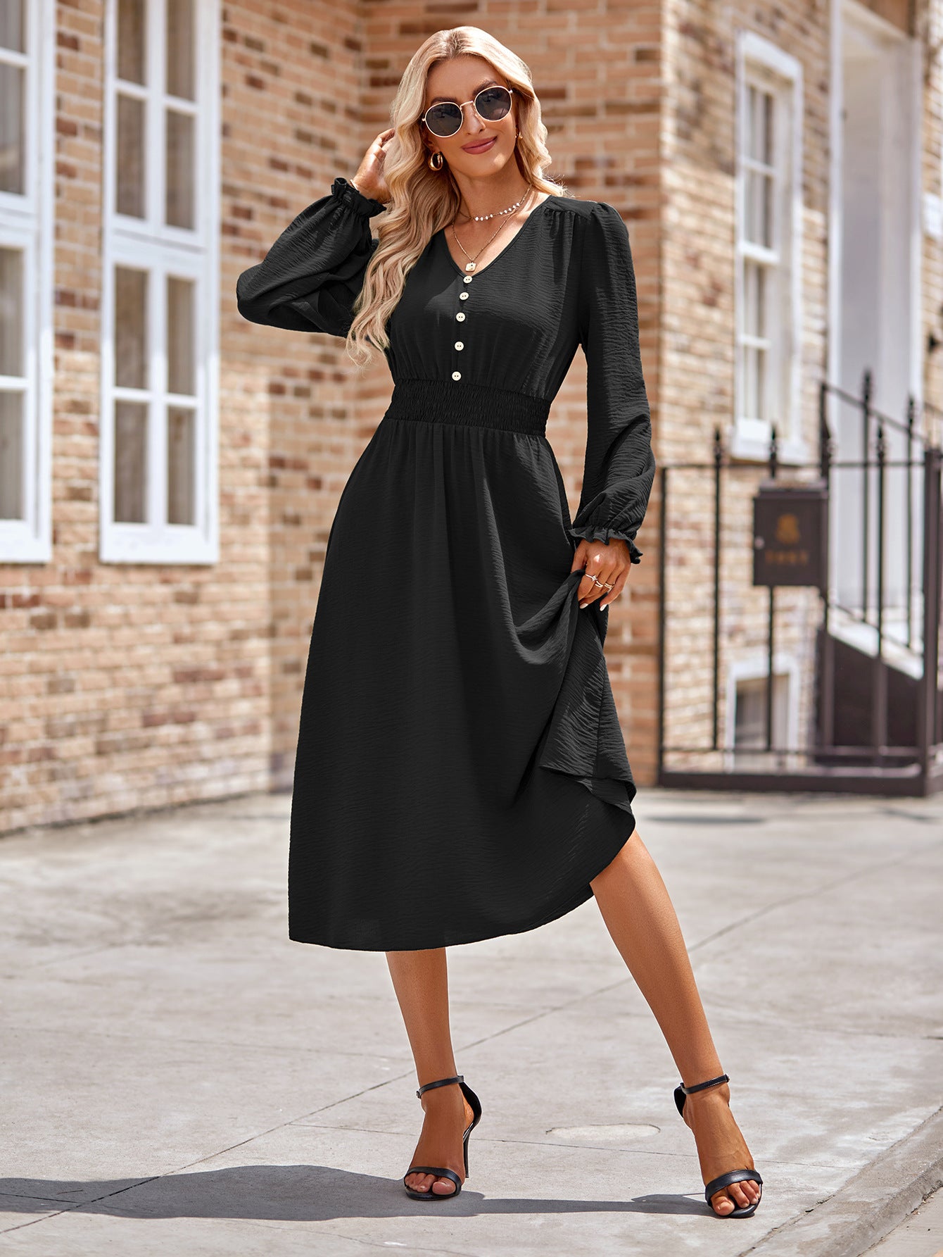 Smocked V-Neck Flounce Sleeve Midi Dress - Classique Collection