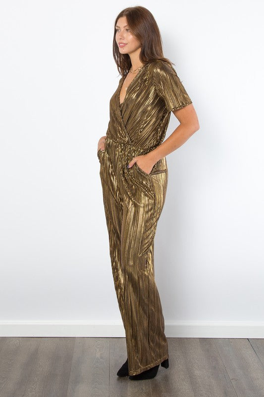 Be Stage Surplice Short Sleeve Pleated Foil Jumpsuit - ClassiQ