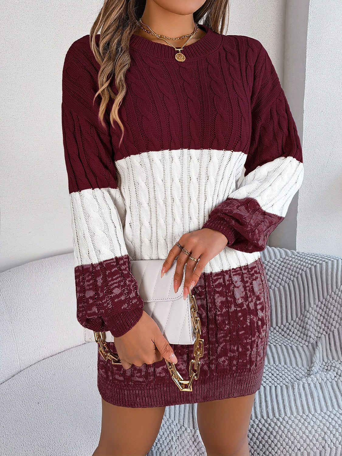 Cable-Knit Round Neck Color Block Sweater Dress - Classique Collection