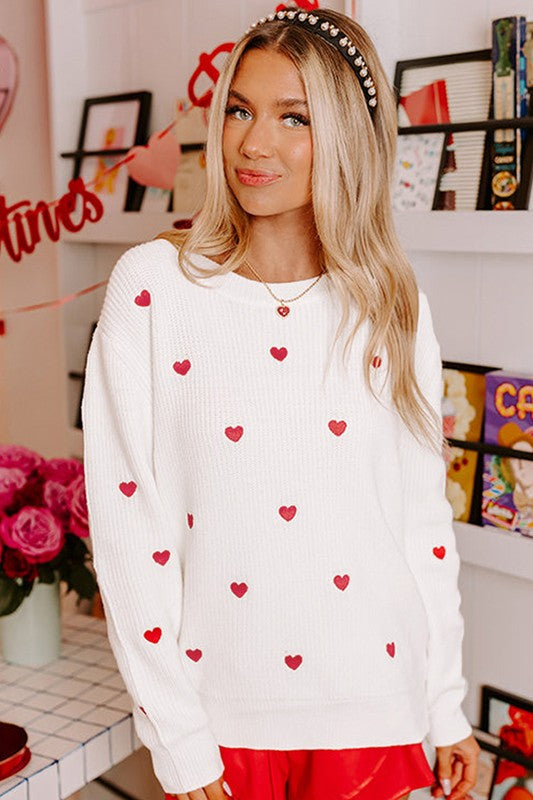 Red Heart Shape Drop Shoulder Round Neck Sweater - Classique Collection