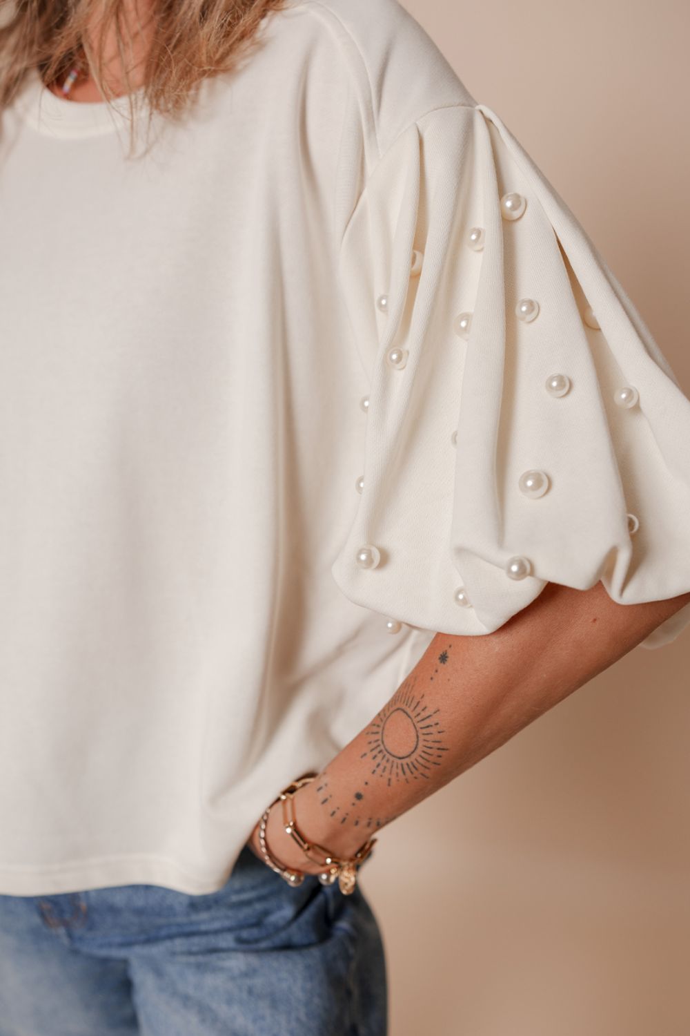 Pearl Detail Round Neck Half Sleeve Blouse - Classique Collection