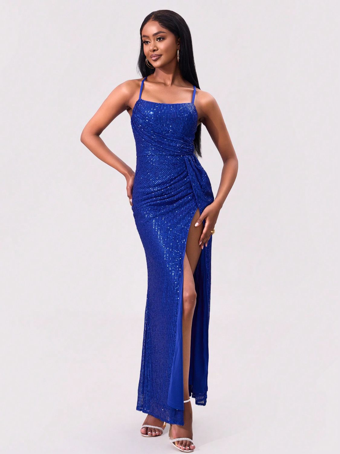 Slit Sequin Square Neck Spaghetti Strap Dress - Classique Collection