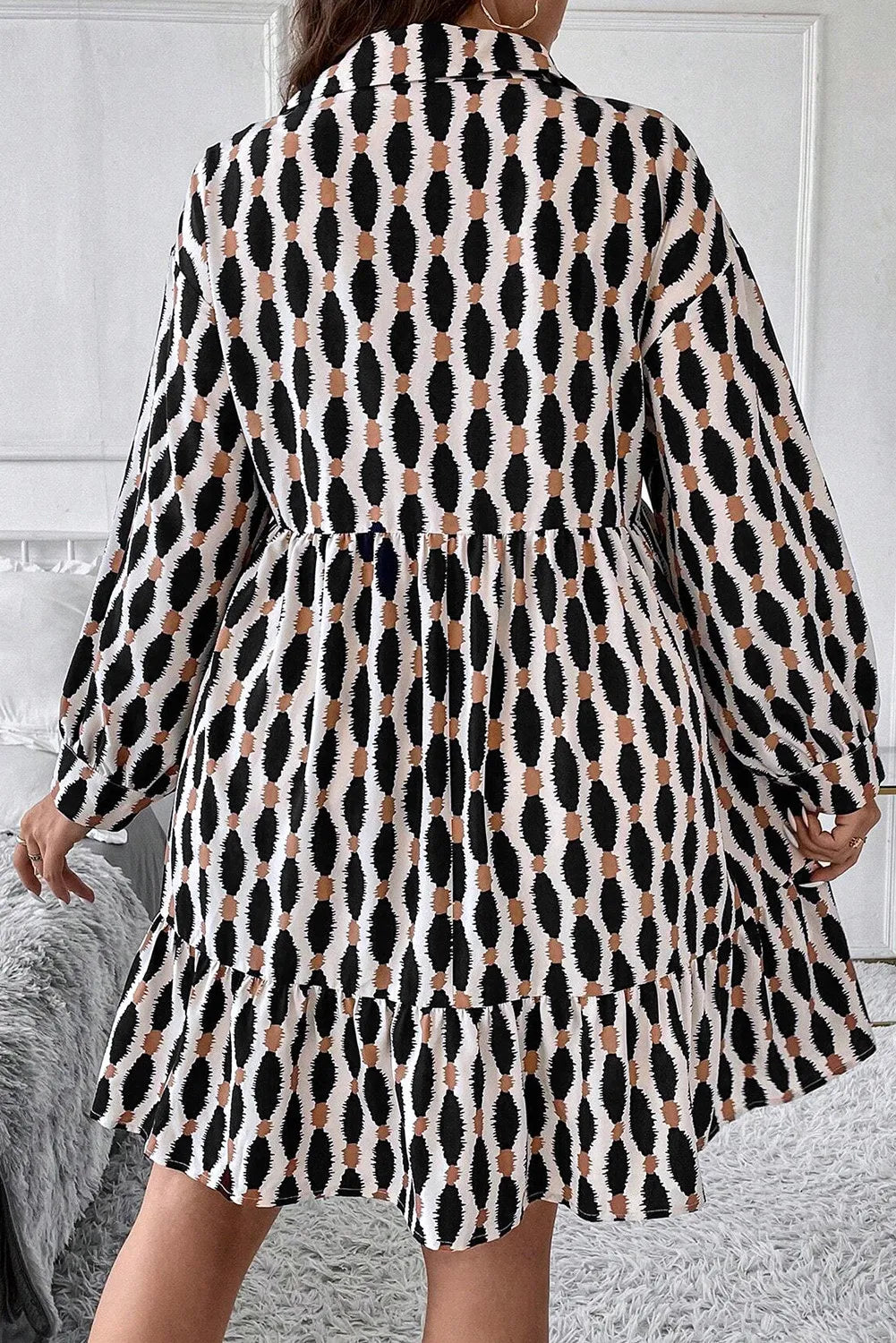 Plus Size Printed Johnny Collar Long Sleeve Dress - Classique Collection