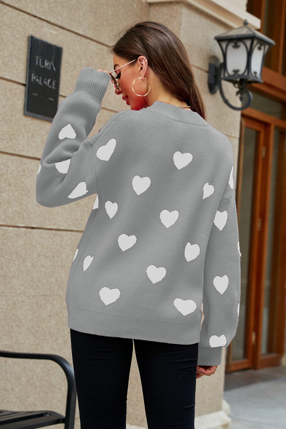 Woven Right Heart Pattern Lantern Sleeve Round Neck Tunic Sweater - ClassiQ