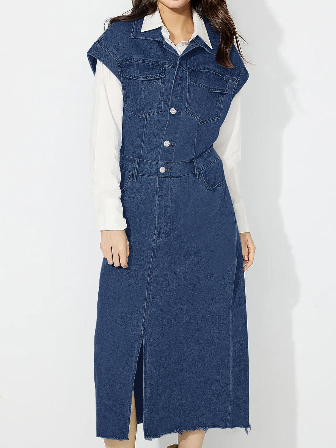 Slit Half Button Collared Neck Cap Sleeve Denim Dress - Classique Collection