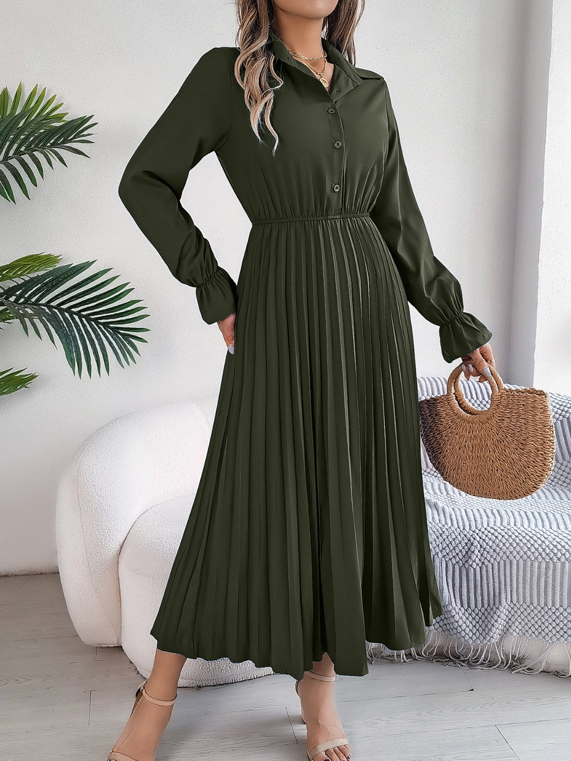 Pleated Half Button Long Sleeve Midi Dress - Classique Collection