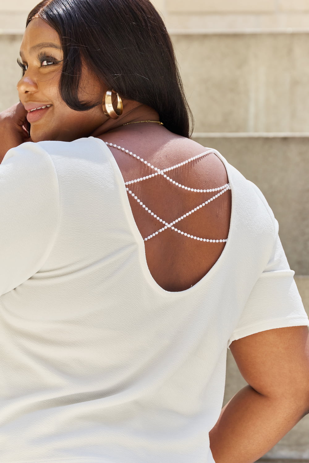 And The Why Pearly White Full Size Criss Cross Pearl Detail Open Back T-Shirt - Classique Collection