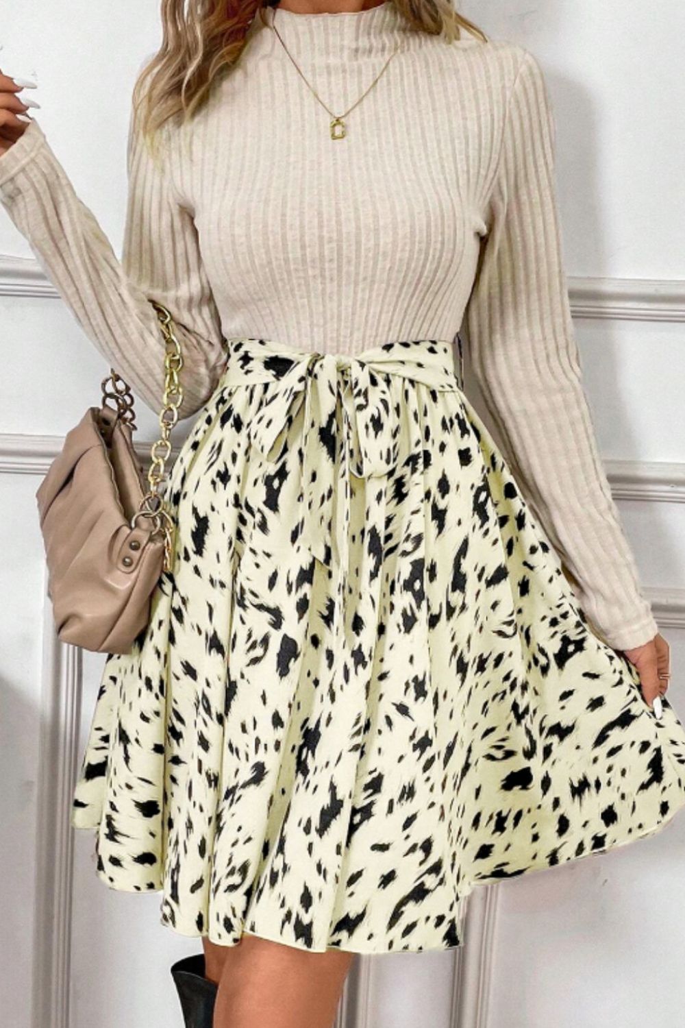 Printed Tie Waist Mock Neck Long Sleeve Dress - Classique Collection