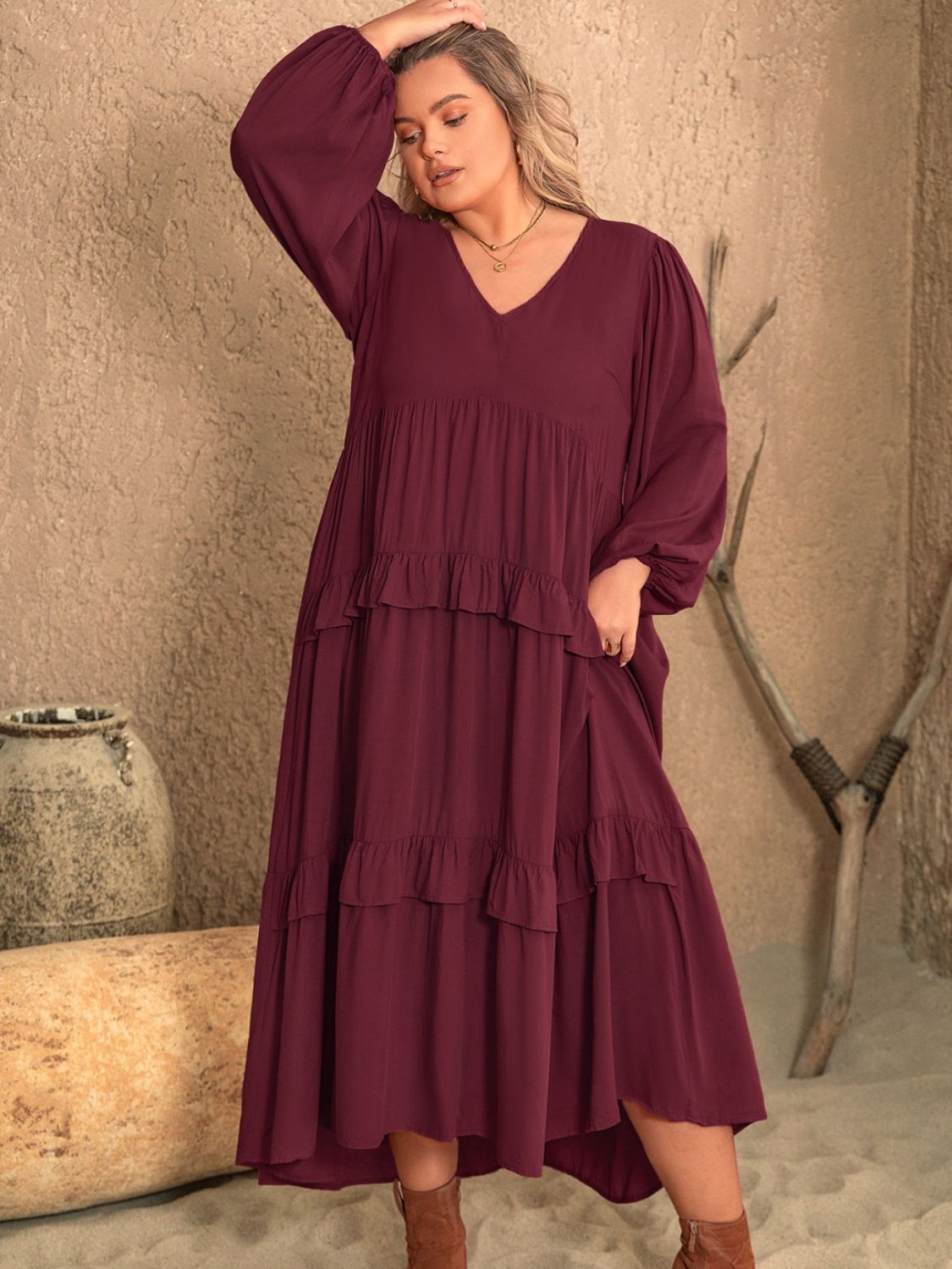 Plus Size Ruffled V-Neck Long Sleeve Dress - Classique Collection