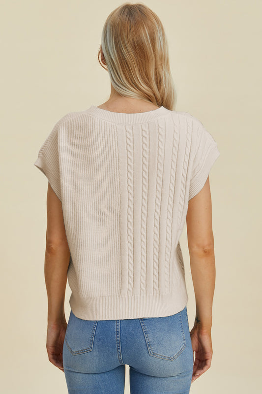 Double Take Full Size Cable-Knit Round Neck Short Sleeve Sweater - ClassiQ