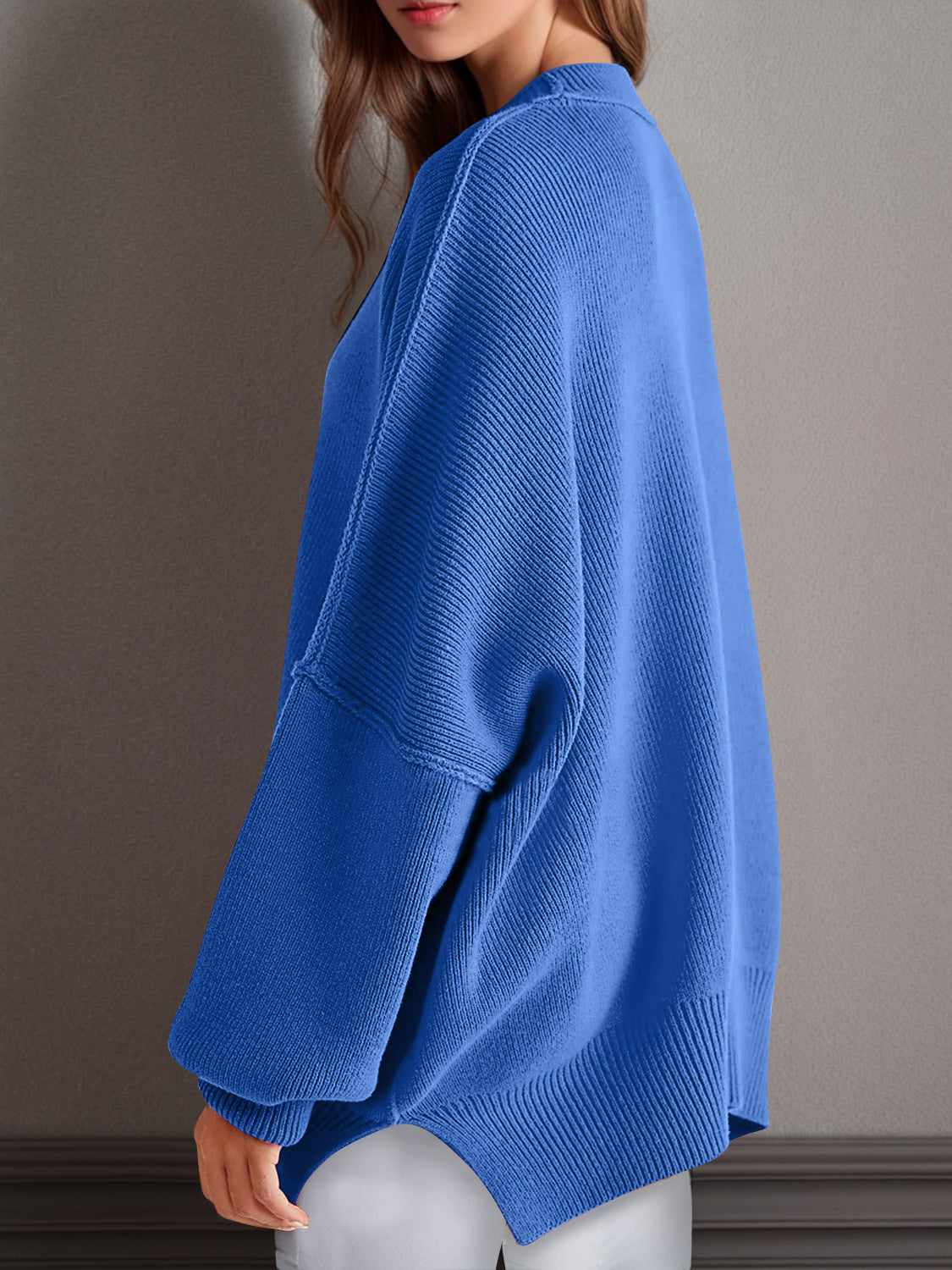 Double Take Side Slit Round Neck Long Sleeve Sweater - ClassiQ