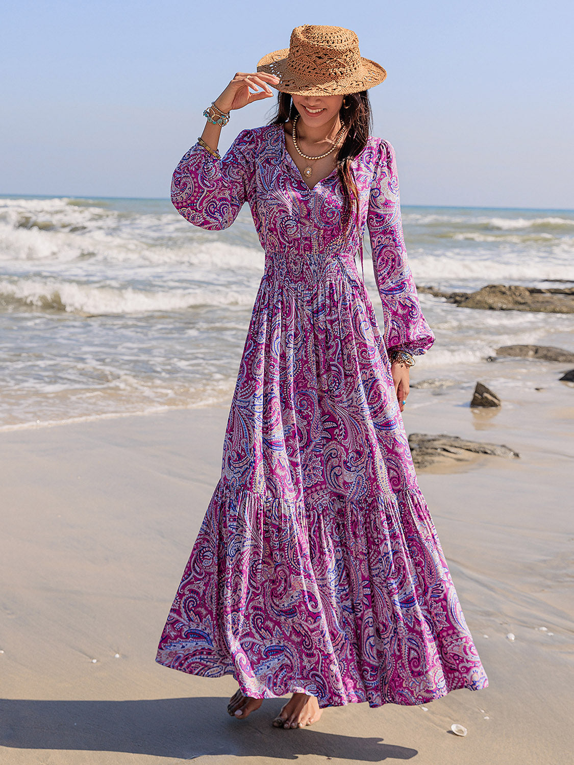 Printed Tie Neck Balloon Sleeve Maxi Dress - Classique Collection