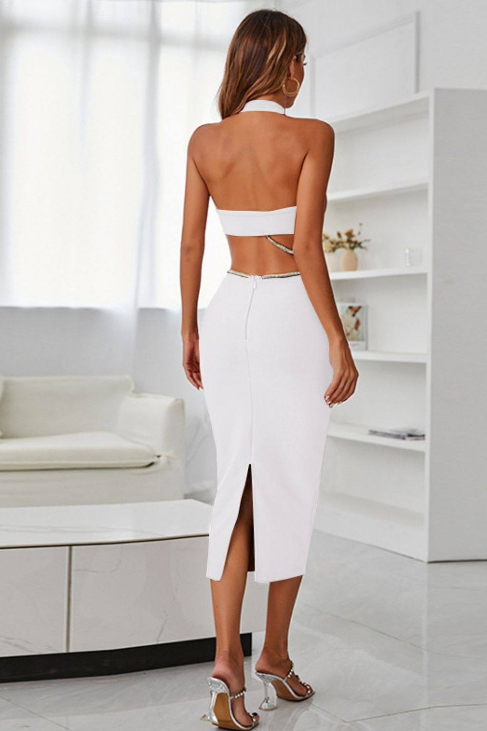 Rhinestone Halter Neck Cutout Slit Midi Dress - Classique Collection