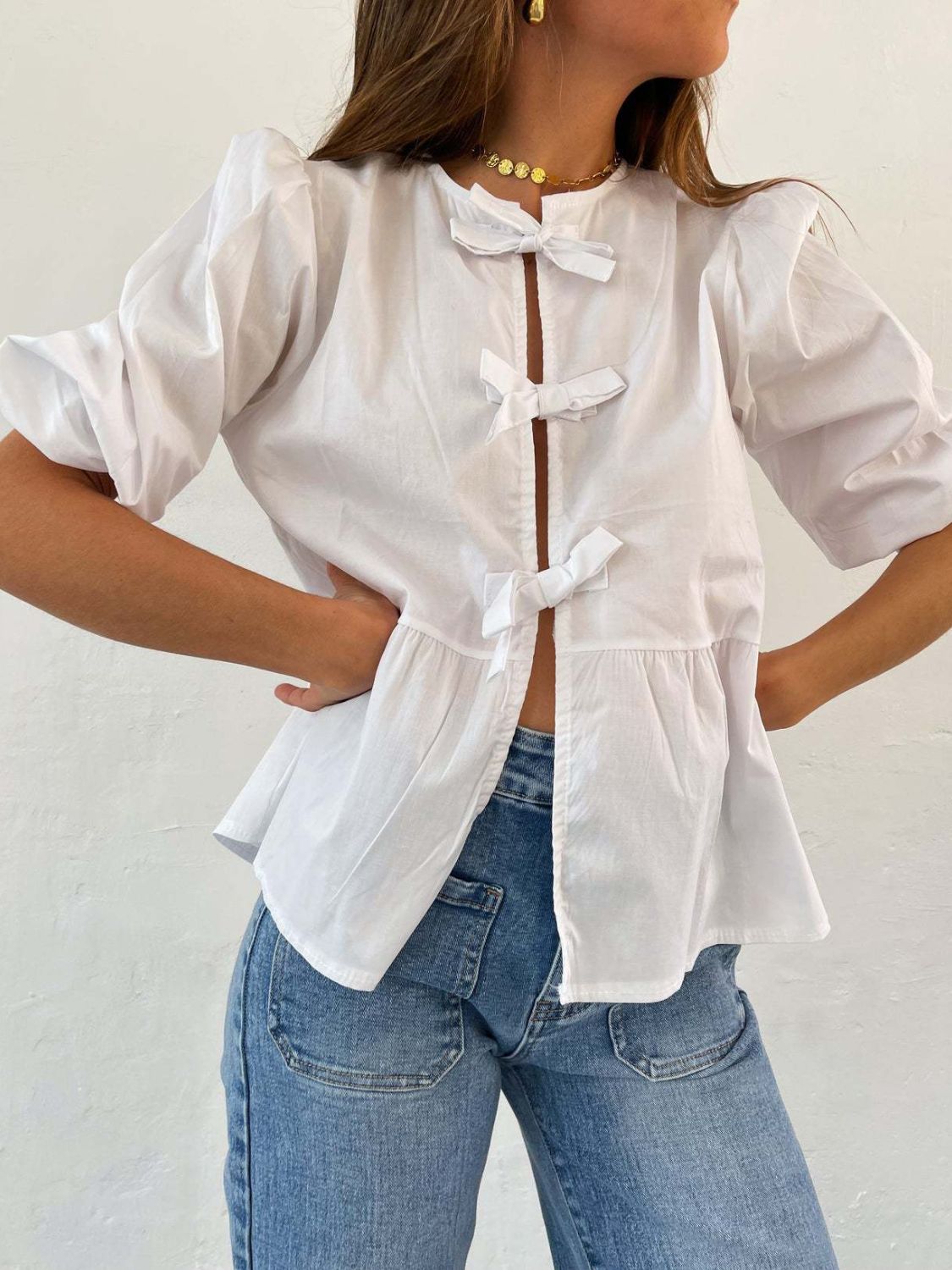 Tied Round Neck Balloon Sleeve Shirt - Classique Collection