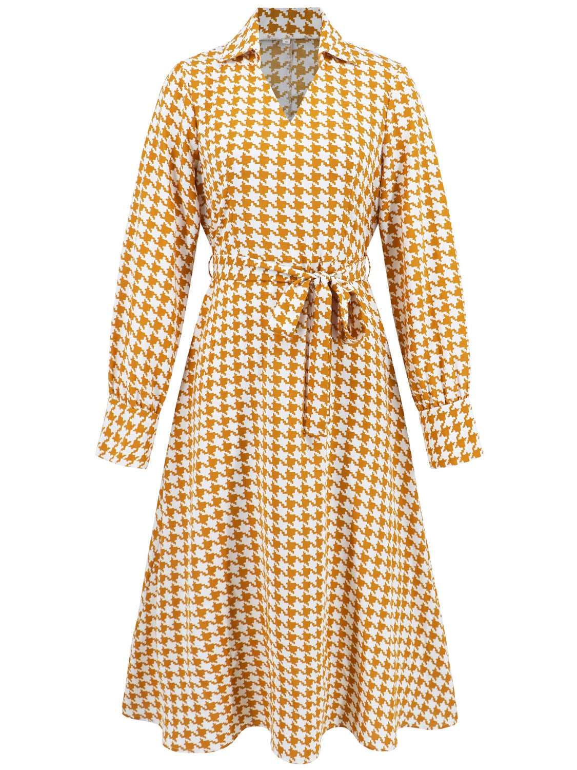 Tied Houndstooth Long Sleeve Midi Dress - Classique Collection