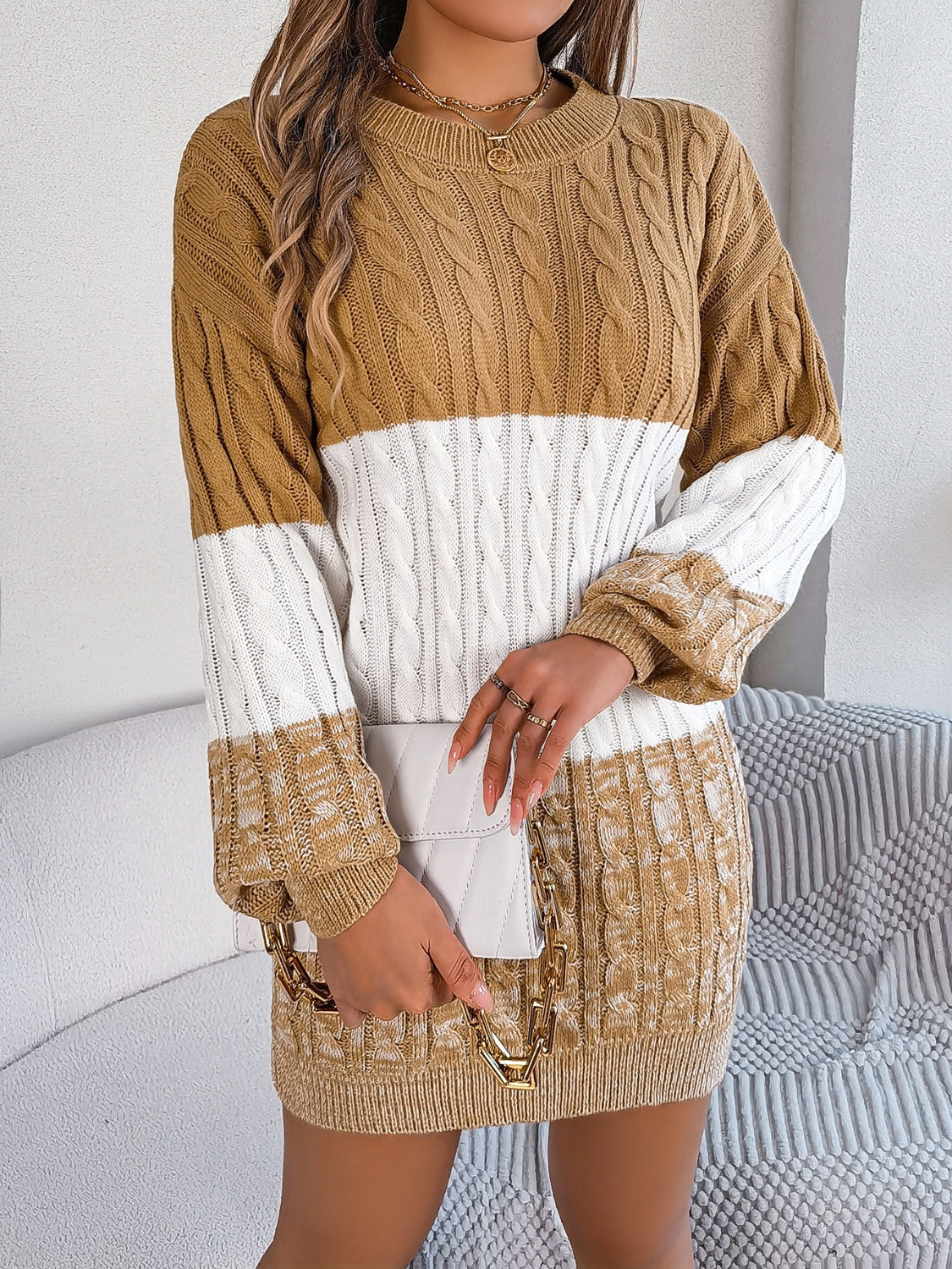 Cable-Knit Round Neck Color Block Sweater Dress - Classique Collection