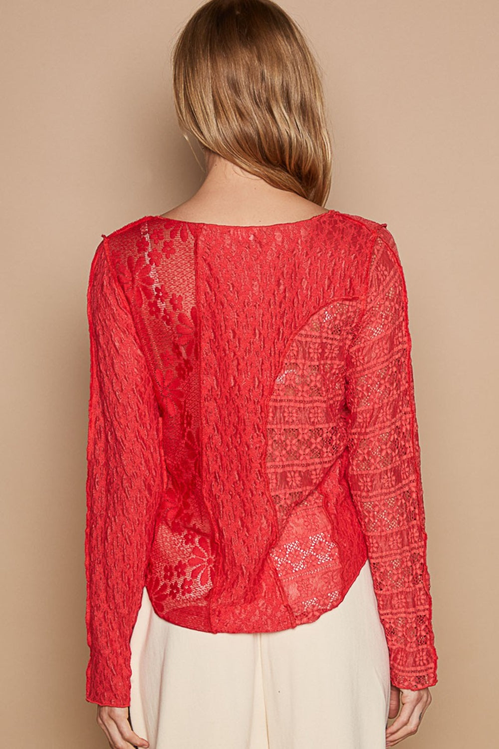 POL Exposed Seam Long Sleeve Lace Knit Top - Classique Collection