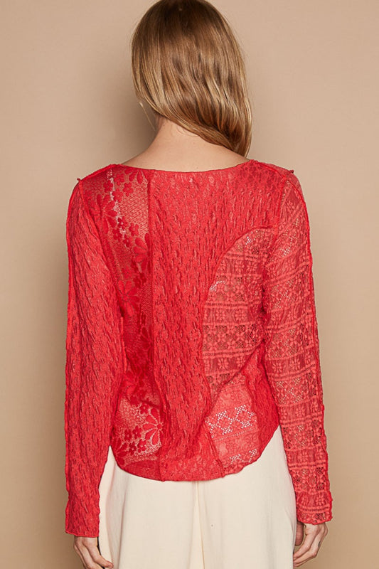POL Exposed Seam Long Sleeve Lace Knit Top - Classique Collection