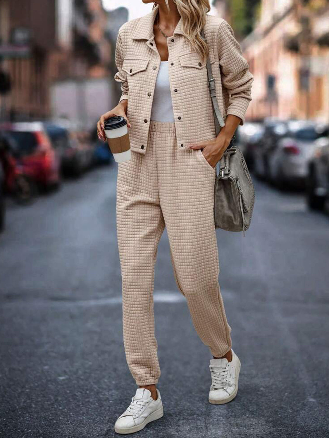 Plaid Texture Snap Down Top and Pants Set - ClassiQ
