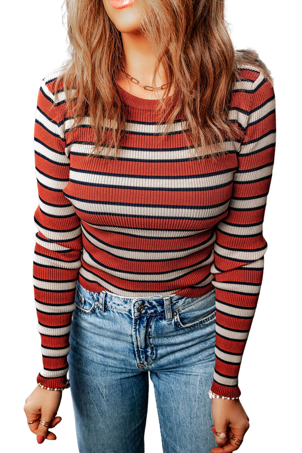 Striped Round Neck Long Sleeve Top - Classique Collection
