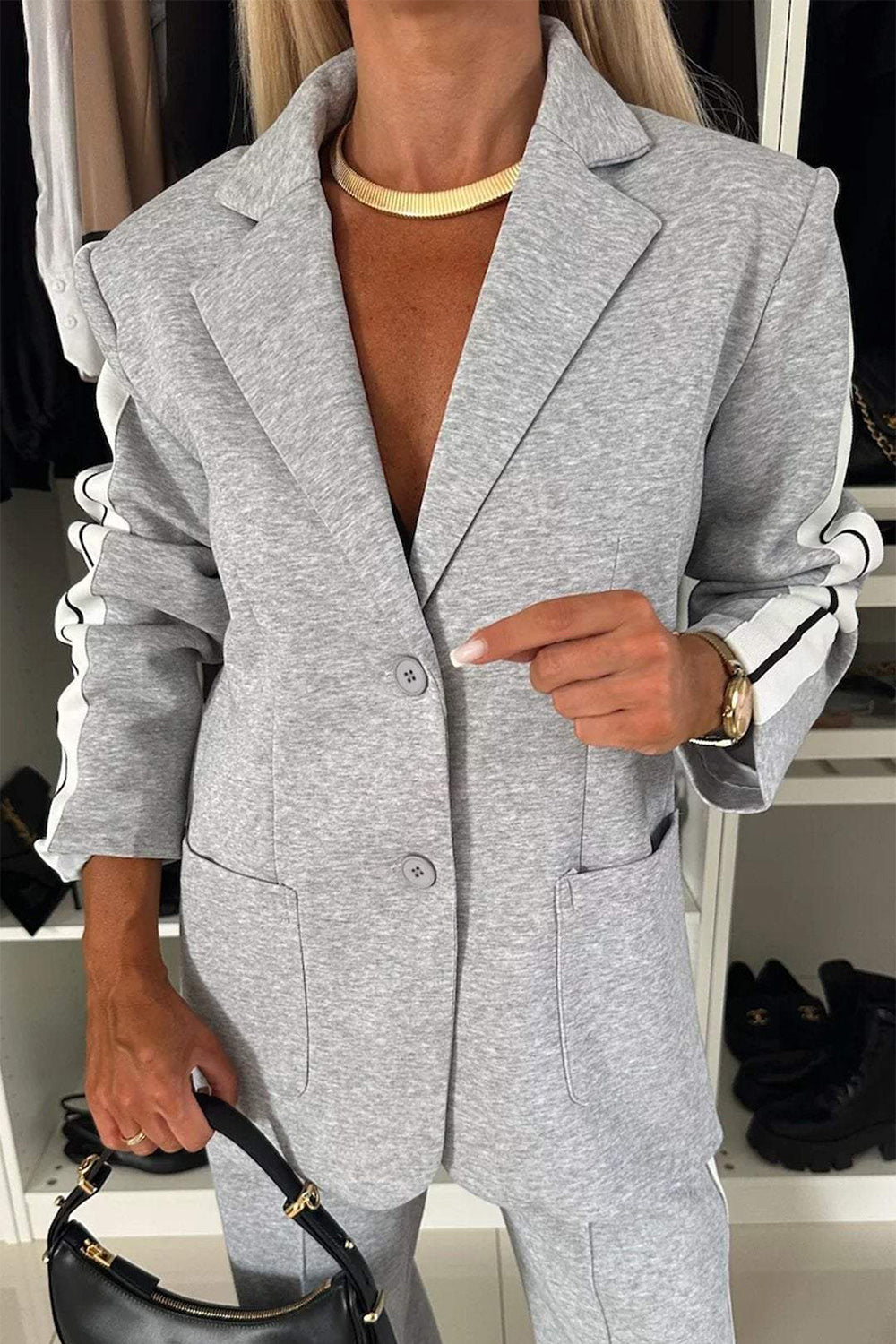 Full Size Contrast Lapel Collar Top and Pants Set - ClassiQ