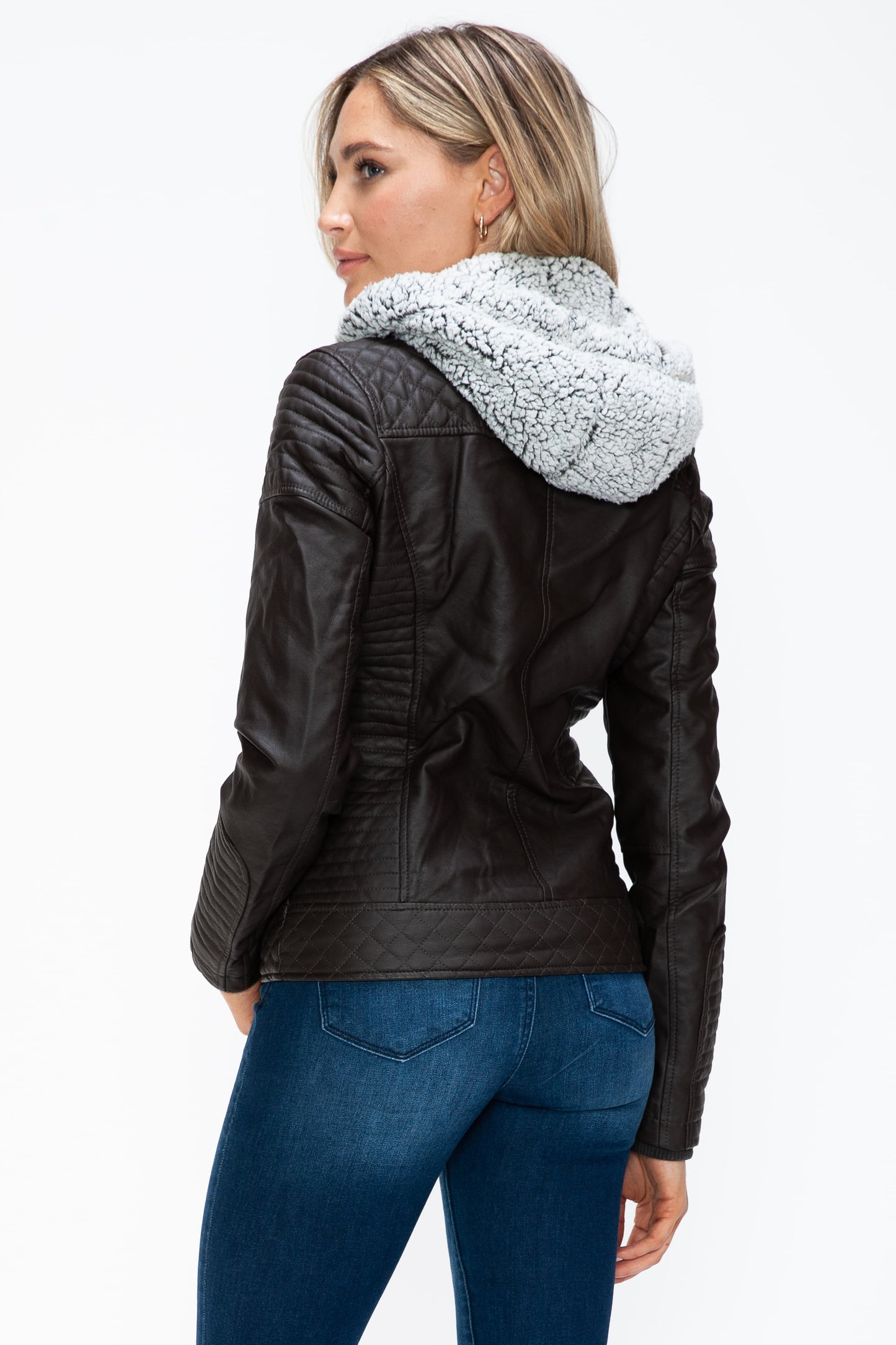 YMI Faux Layered Double-Zipper Jacket with Fuzzy Hood - ClassiQ