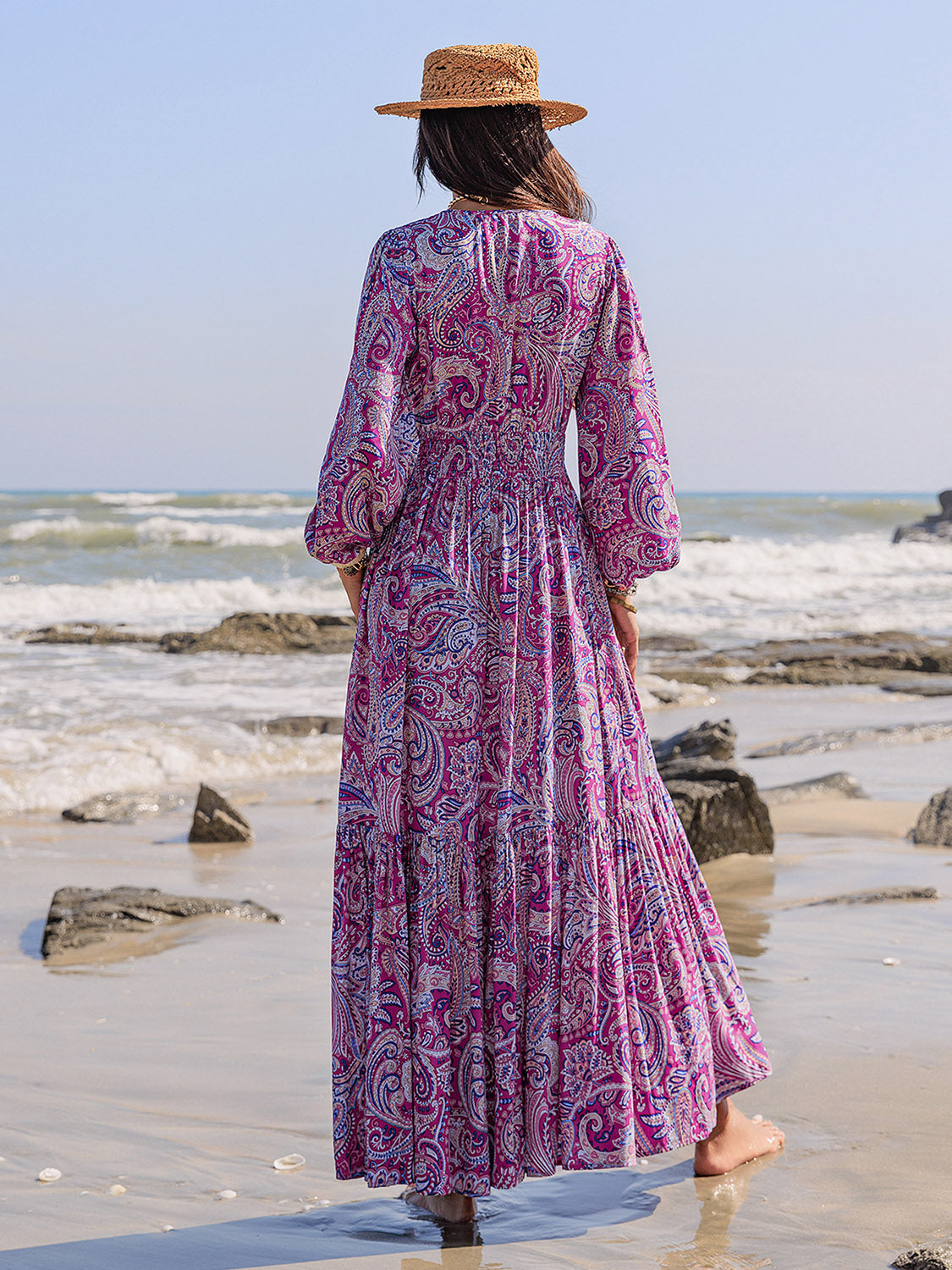 Printed Tie Neck Balloon Sleeve Maxi Dress - Classique Collection