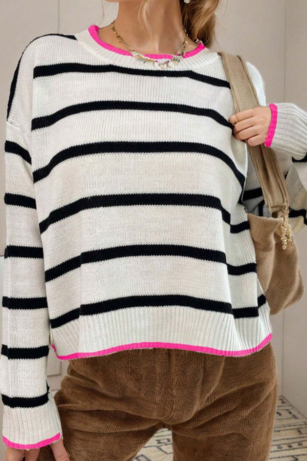 Striped Round Neck Drop Shoulder Sweater - Classique Collection