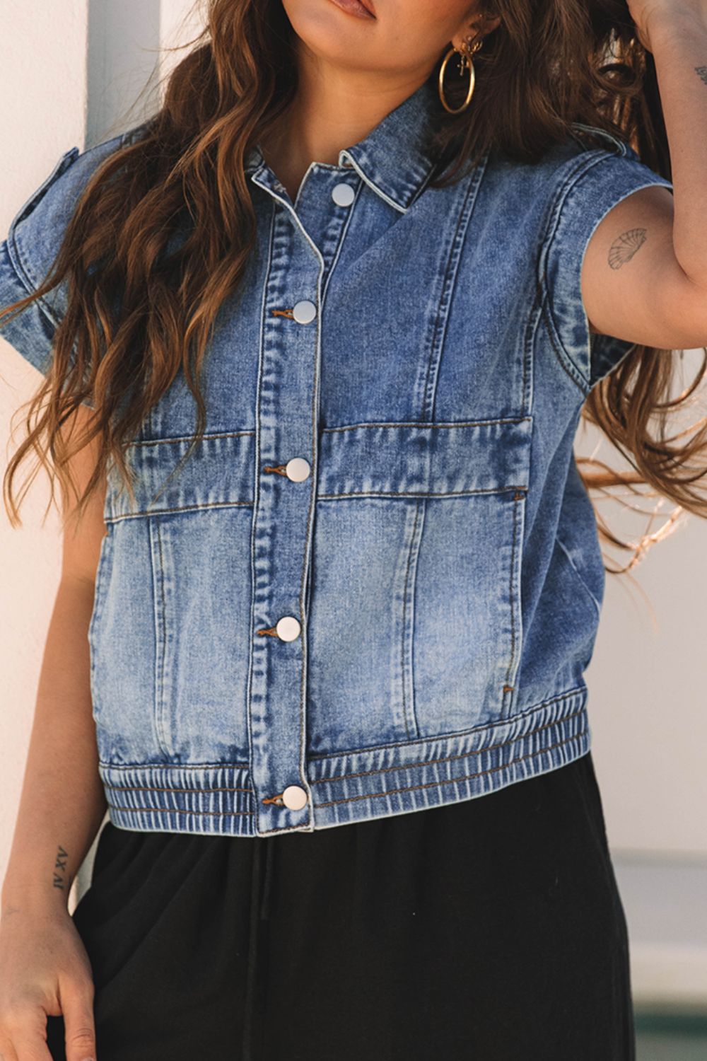 Button Up Cap Sleeve Denim Jacket - ClassiQ
