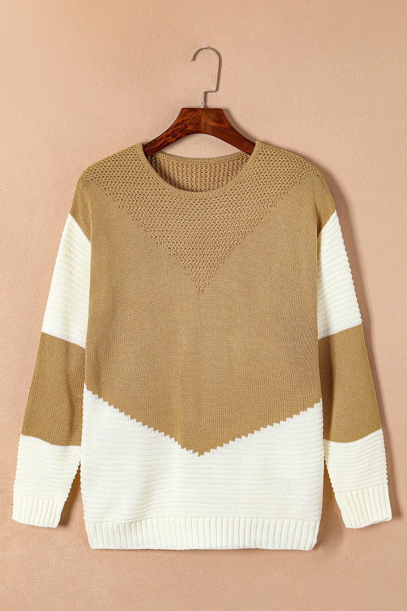 Color Block Round Neck Long Sleeve Sweater - ClassiQ
