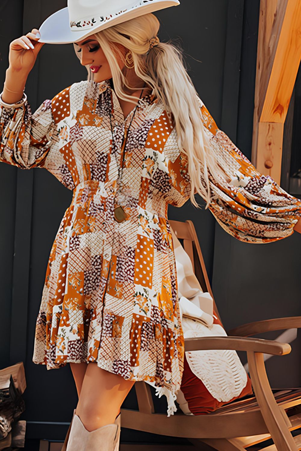 Printed Collared Neck Three-Quarter Sleeve Mini Shirt Dress - Classique Collection