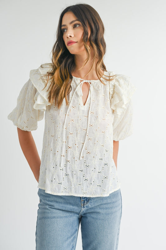 MABLE Eyelet Lace Ruffle Shoulder Puff Sleeve Blouse - Classique Collection