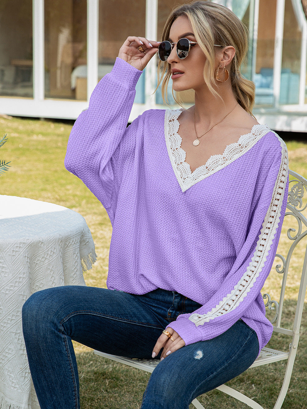 Ivy Lane Contrast Spliced Lace V-Neck Top - Classique Collection