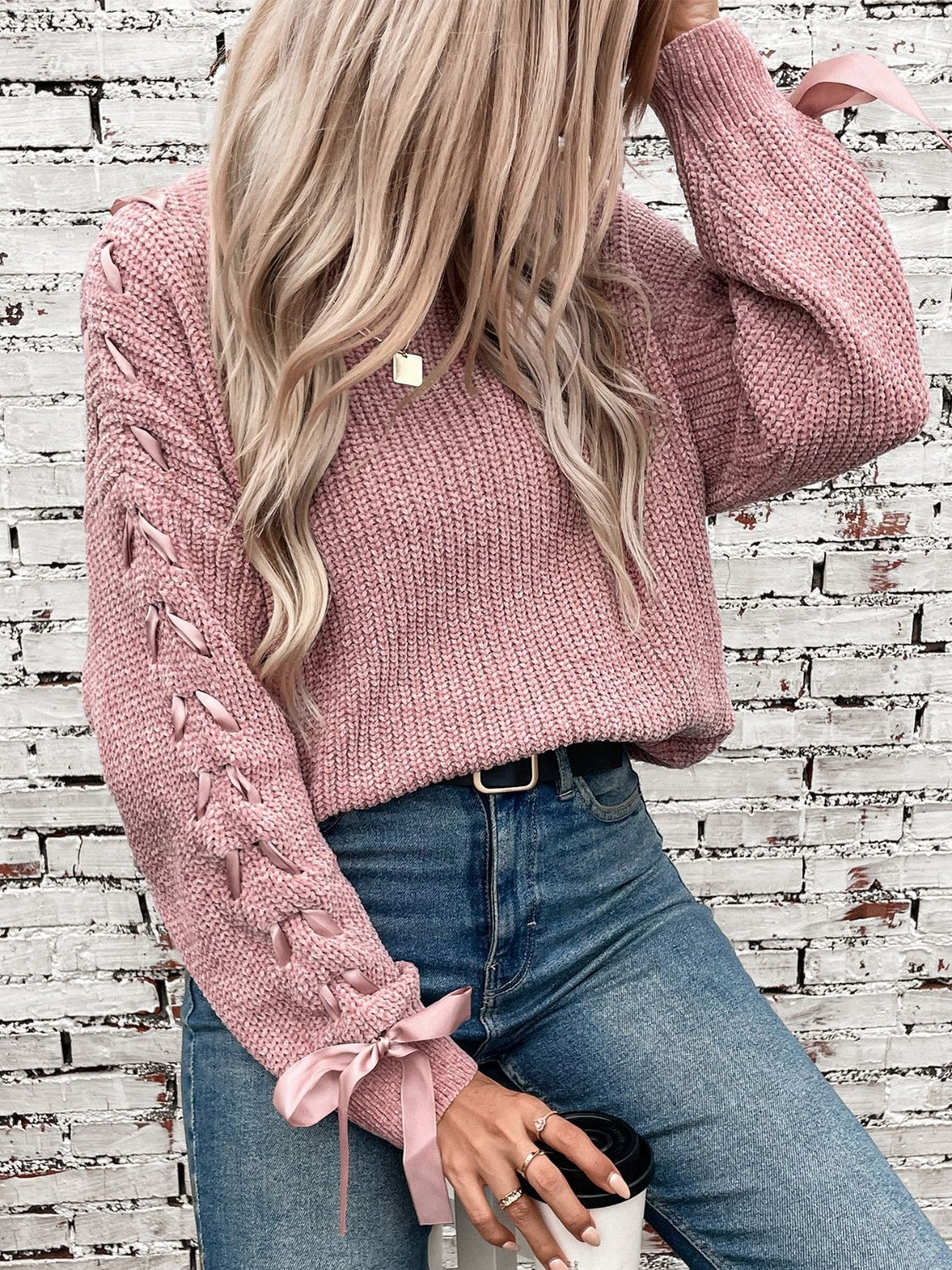 Lace Up Round Neck Long Sleeve Sweater - ClassiQ