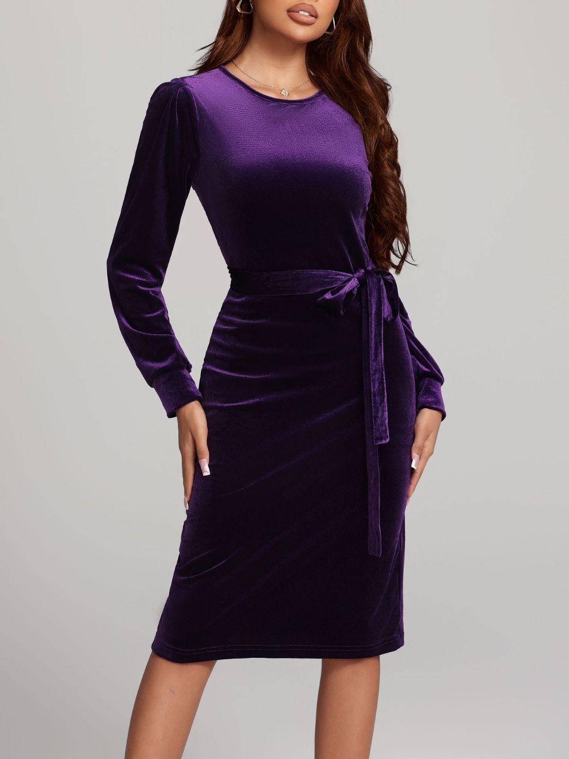 Round Neck Tie Waist Long Sleeve Velvet Dress - Classique Collection
