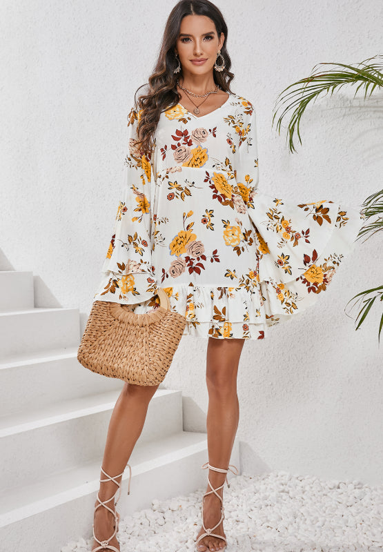 Printed V-Neck Flare Sleeve Mini Dress - Classique Collection