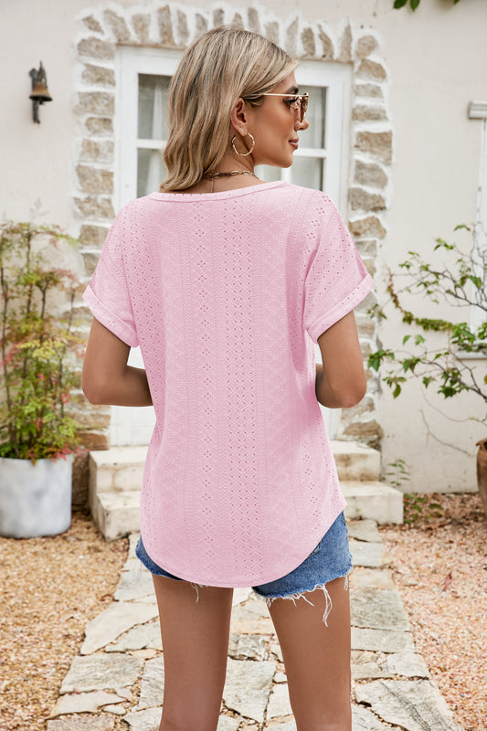 Full Size Round Neck Eyelet Short Sleeve Top - Classique Collection