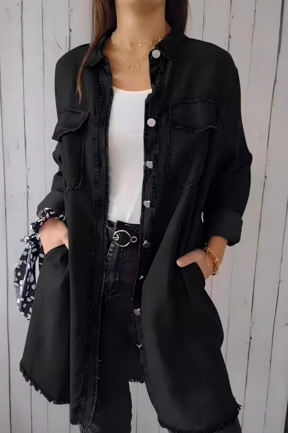 Full Size Raw Hem Button Up Long Sleeve Denim Top Plus Size - Classique Collection