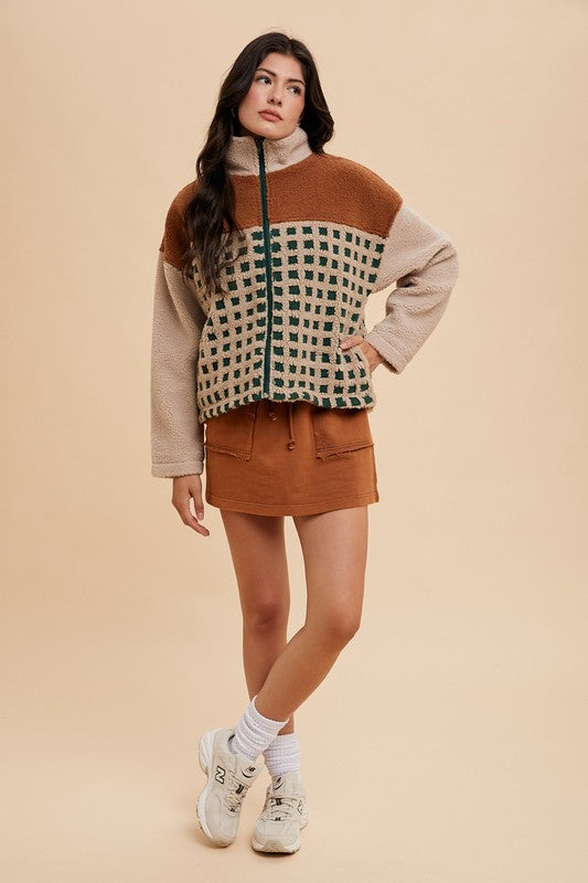 Annie Wear Plaid Zip Up Drop Shoulder Sherpa Jacket - ClassiQ