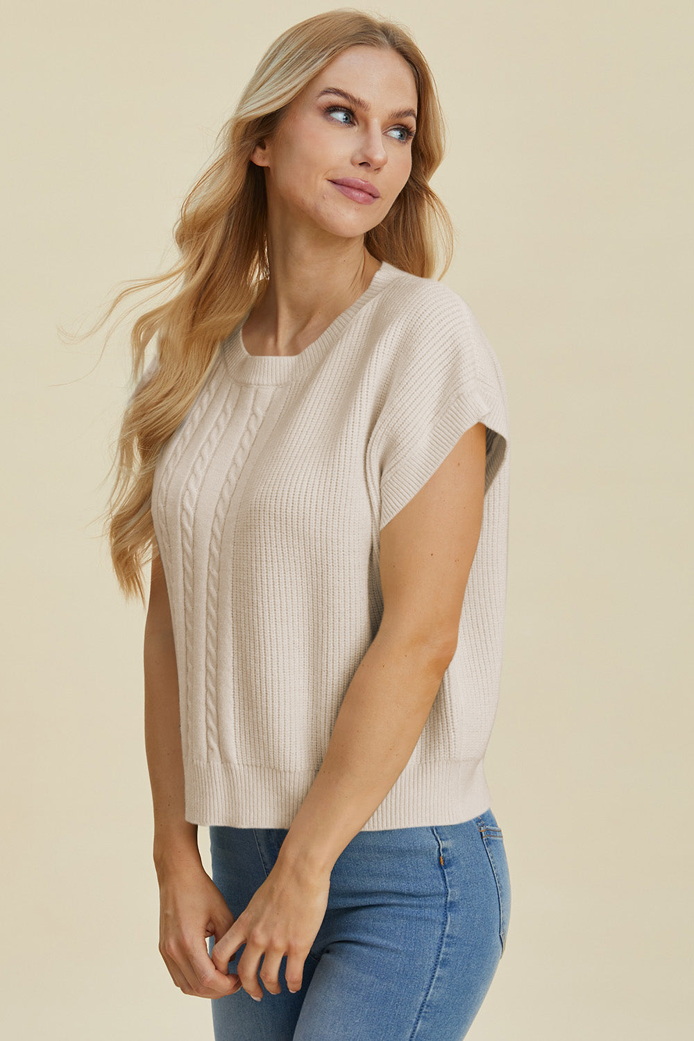 Double Take Full Size Cable-Knit Round Neck Short Sleeve Sweater - ClassiQ