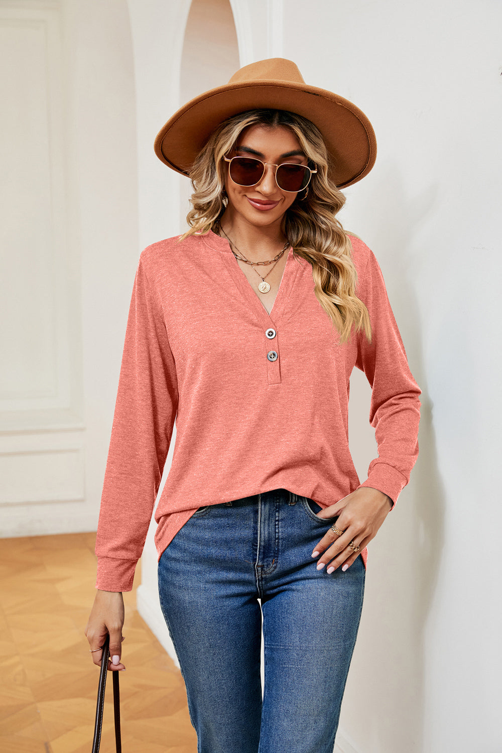 Buttoned Notched Neck Long Sleeve Top - Classique Collection