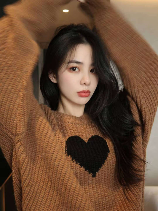 Casual Outer Wear Love Loose Sweater Women Round Neck Pullover Knit Top ClassiQ