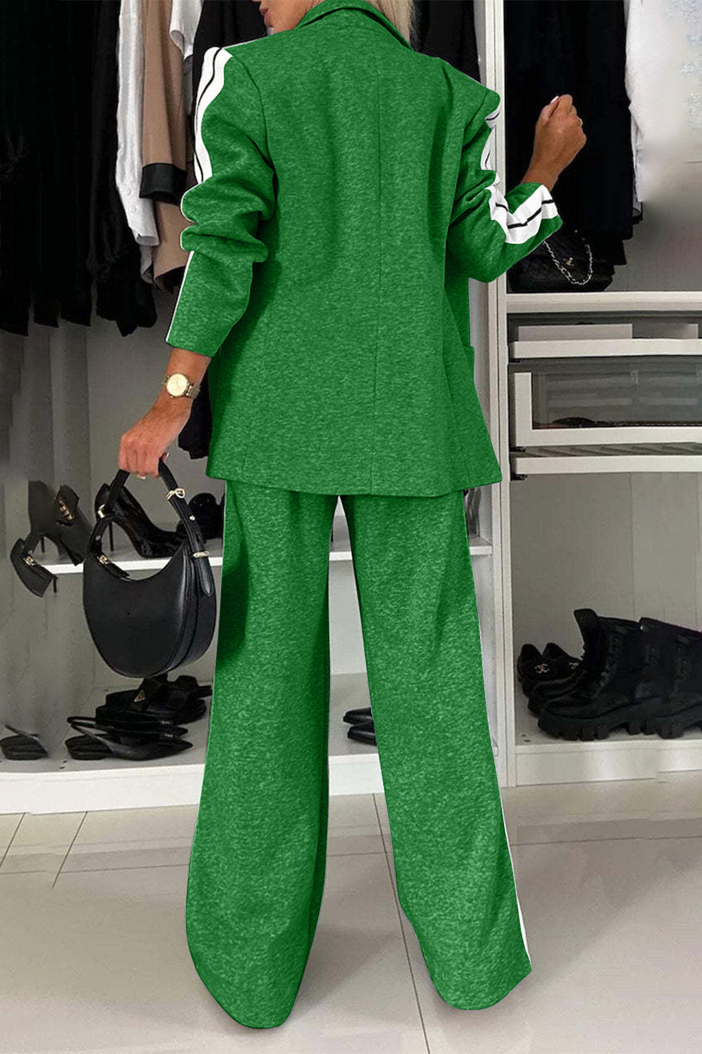 Full Size Contrast Lapel Collar Top and Pants Set - ClassiQ