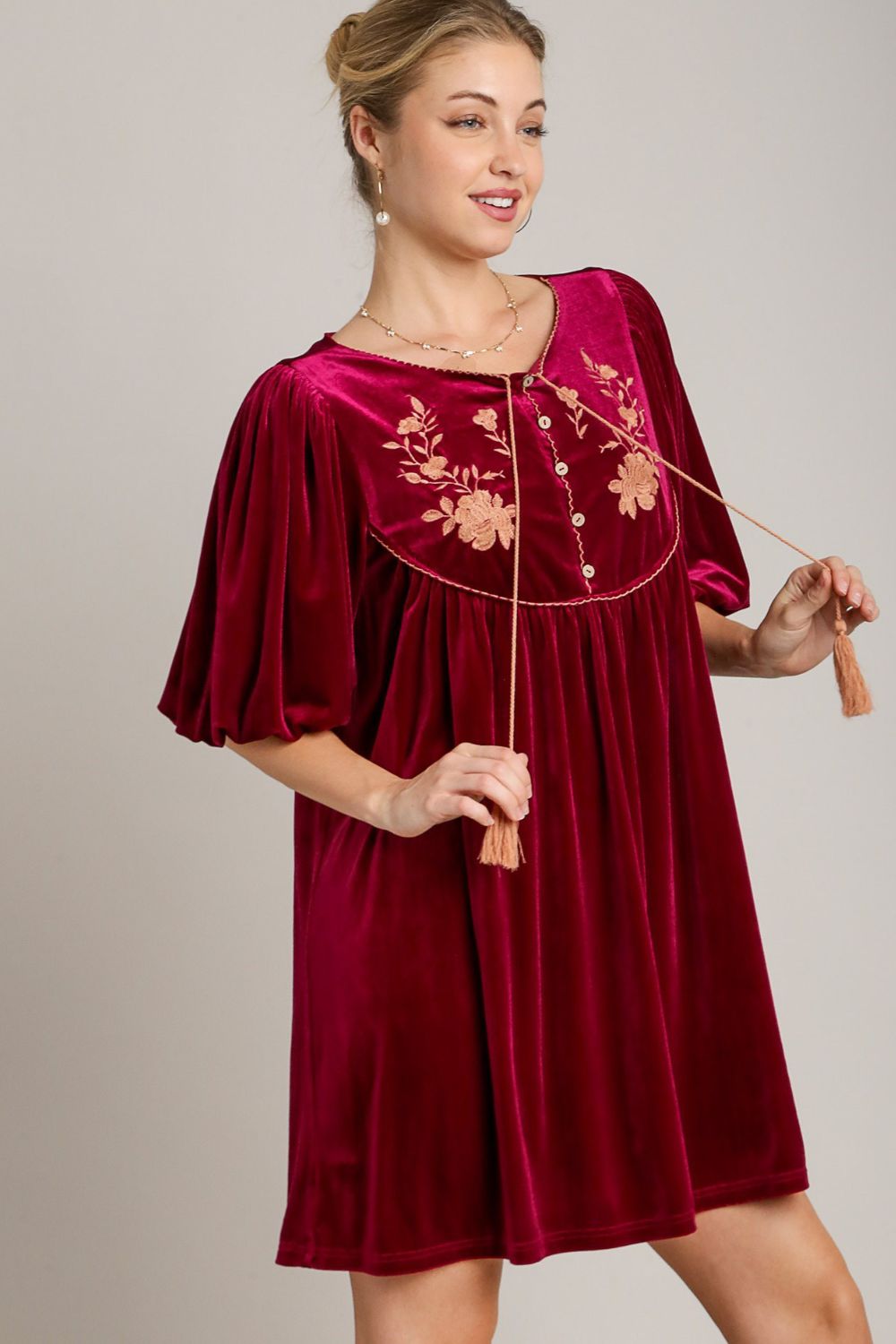 Umgee Embroidered Half Sleeve Velvet Mini Dress with Tassel - Classique Collection