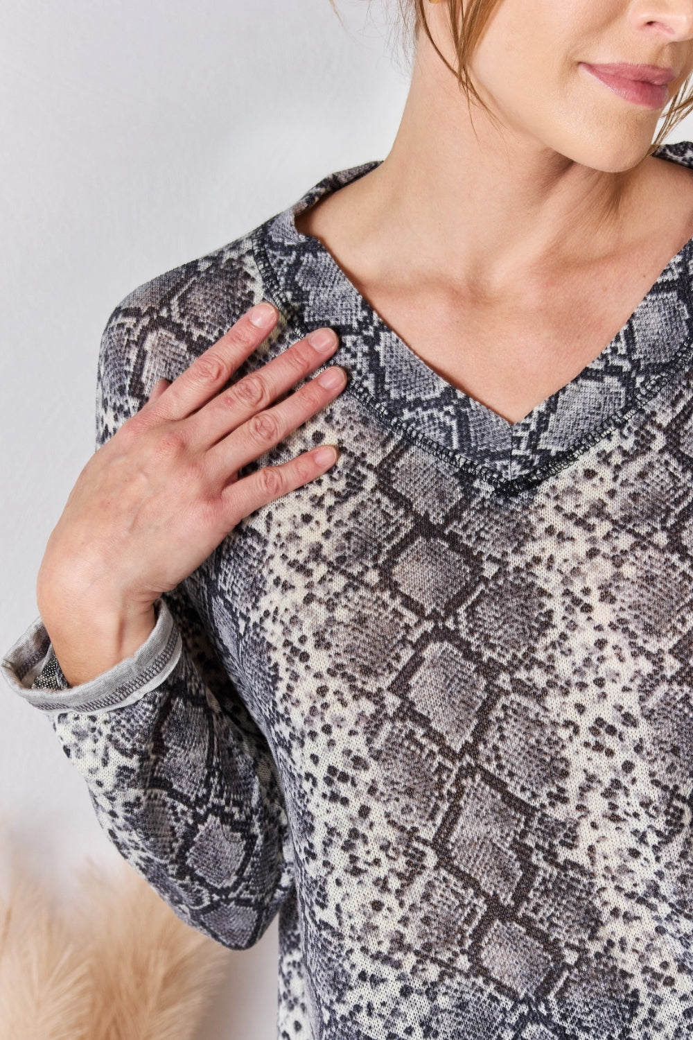 Hailey & Co Full Size Snakeskin V-Neck Long Sleeve Top - Classique Collection