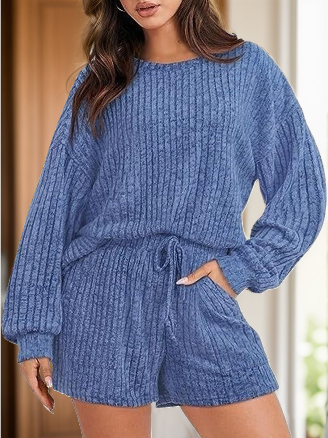 Round Neck Dropped Shoulder Top and Shorts Set - ClassiQ