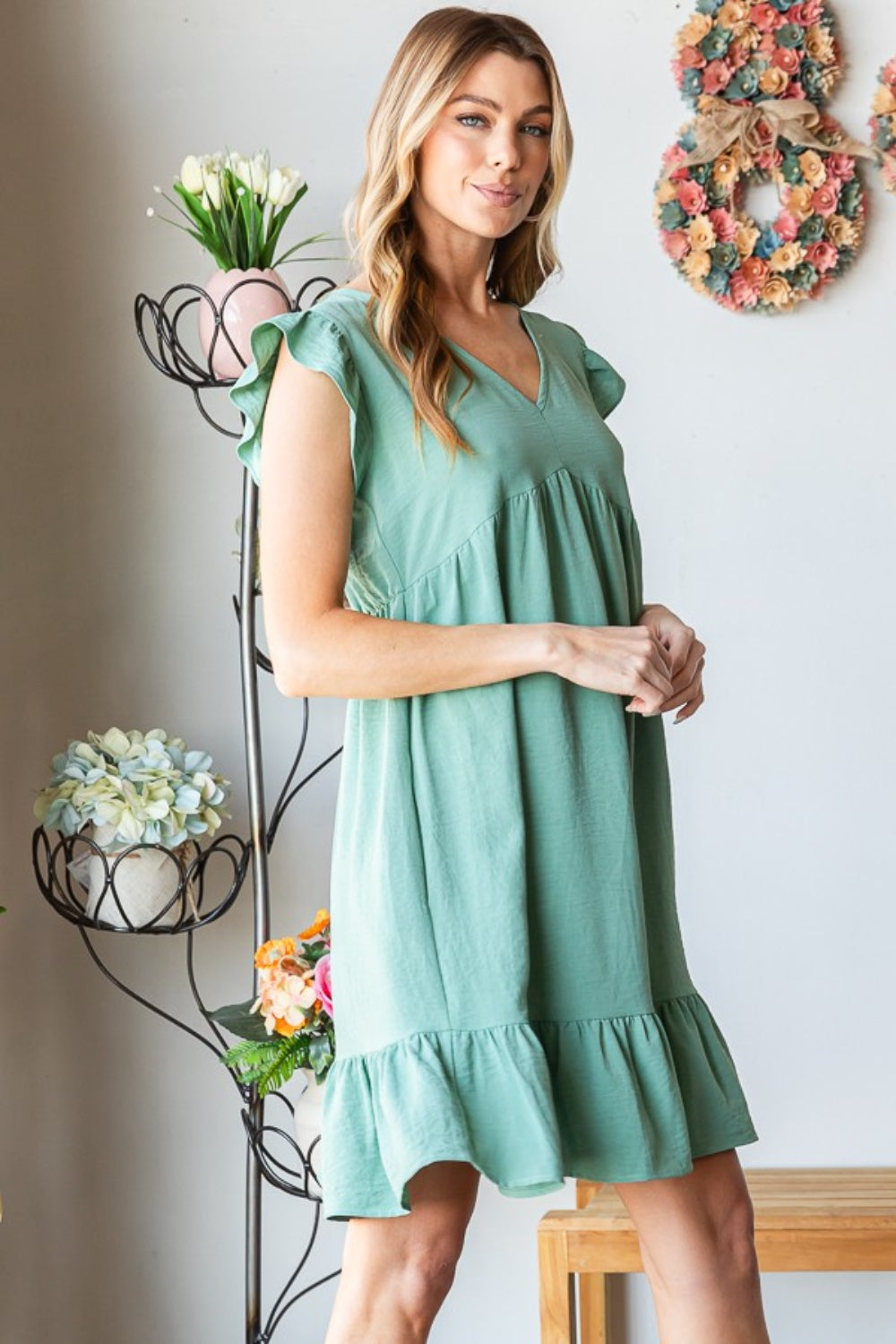 Heimish Full Size Short Sleeve V Neck Ruffled Hem Dress - Classique Collection