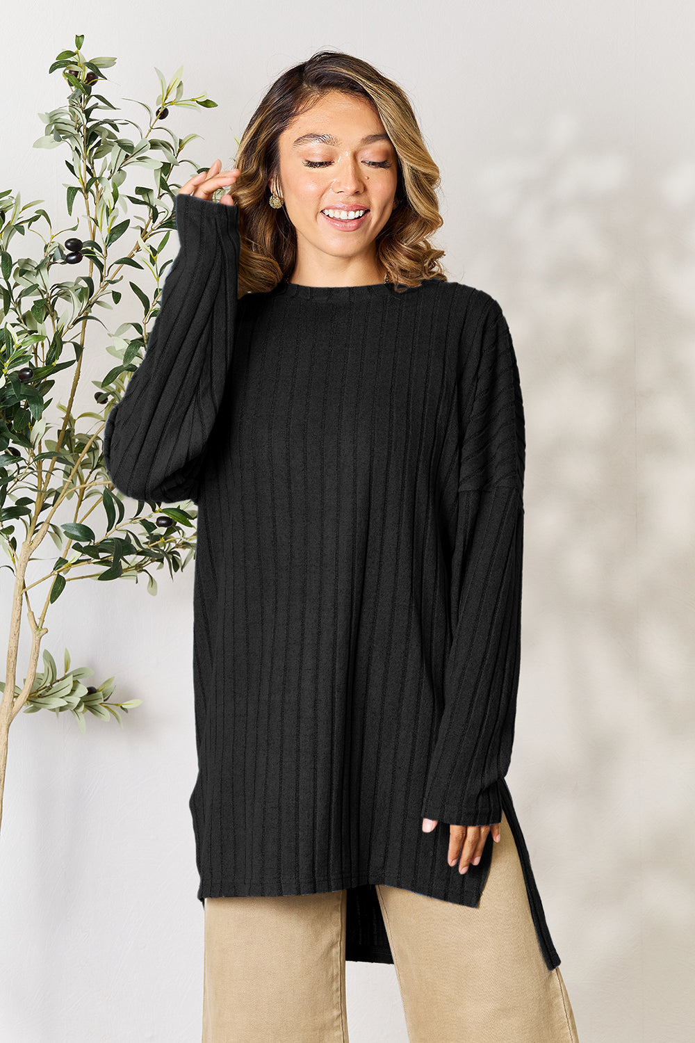 Basic Bae Full Size Ribbed Round Neck Long Sleeve Slit Top - Classique Collection