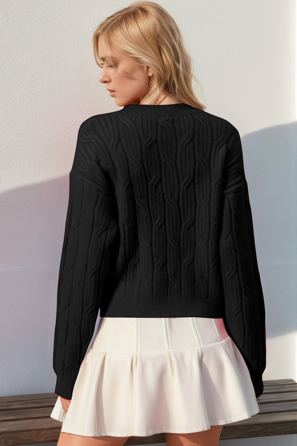 Double Take Full Size Bow Cable-Knit Round Neck Sweater - ClassiQ